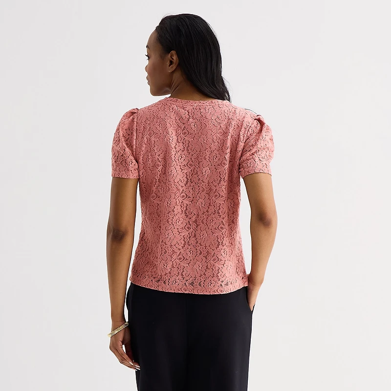 Liz Claiborne Womens Crew Neck Short Sleeve Lace Blouse
