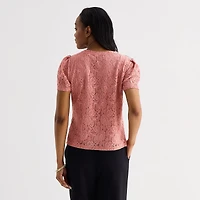 Liz Claiborne Womens Crew Neck Short Sleeve Lace Blouse
