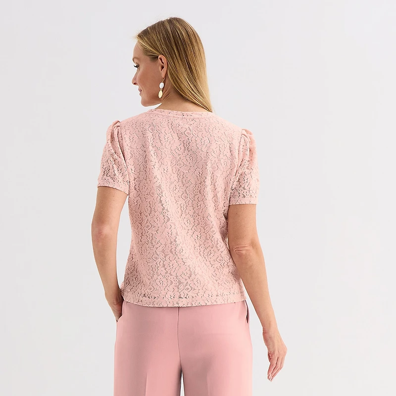 Liz Claiborne Womens Crew Neck Short Sleeve Lace Blouse