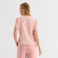 Liz Claiborne Womens Crew Neck Short Sleeve Lace Blouse