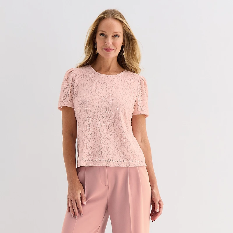 Liz Claiborne Womens Crew Neck Short Sleeve Lace Blouse