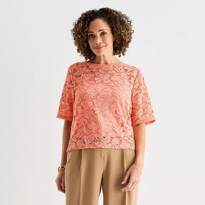 Liz Claiborne Womens Boat Neck Elbow Sleeve Blouse