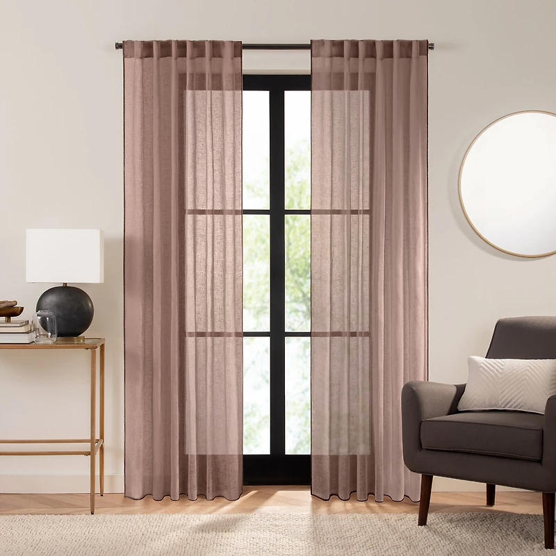 Fieldcrest Luxury Linen Border Stripe Rod Pocket Back Tab Sheer Single Curtain Panel