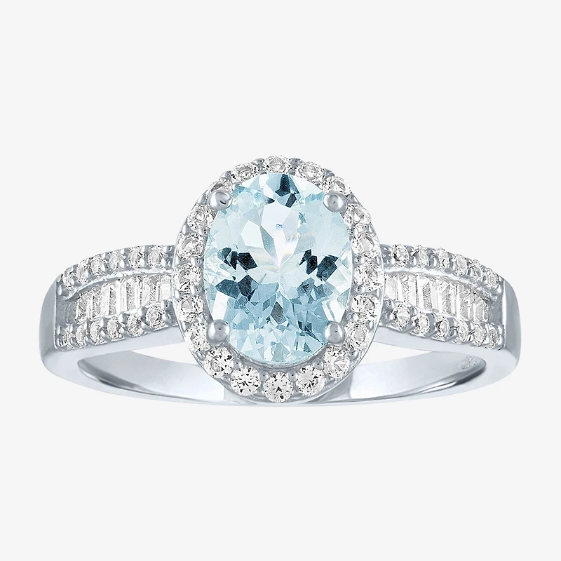 Womens Simulated Blue Aquamarine Sterling Silver Oval Cocktail Ring