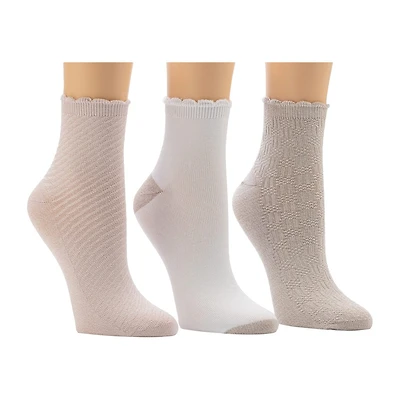 Cuddl Duds Scallop Welt Rib Womens Multi-Pack 3 Pair Quarter Ankle Socks