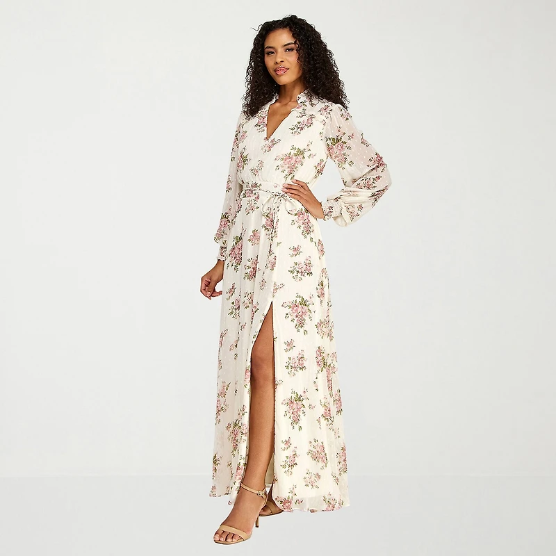 Premier Amour Womens V Neck Long Sleeve Puffed Maxi Dress
