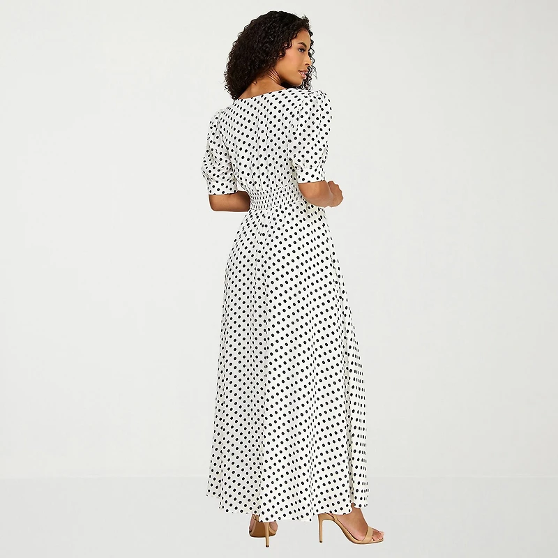 Premier Amour Womens Midi V Neck Short Sleeve Puffed Polka Dot Fit + Flare Dress