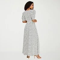 Premier Amour Womens Midi V Neck Short Sleeve Puffed Polka Dot Fit + Flare Dress