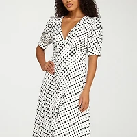 Premier Amour Womens Midi V Neck Short Sleeve Puffed Polka Dot Fit + Flare Dress