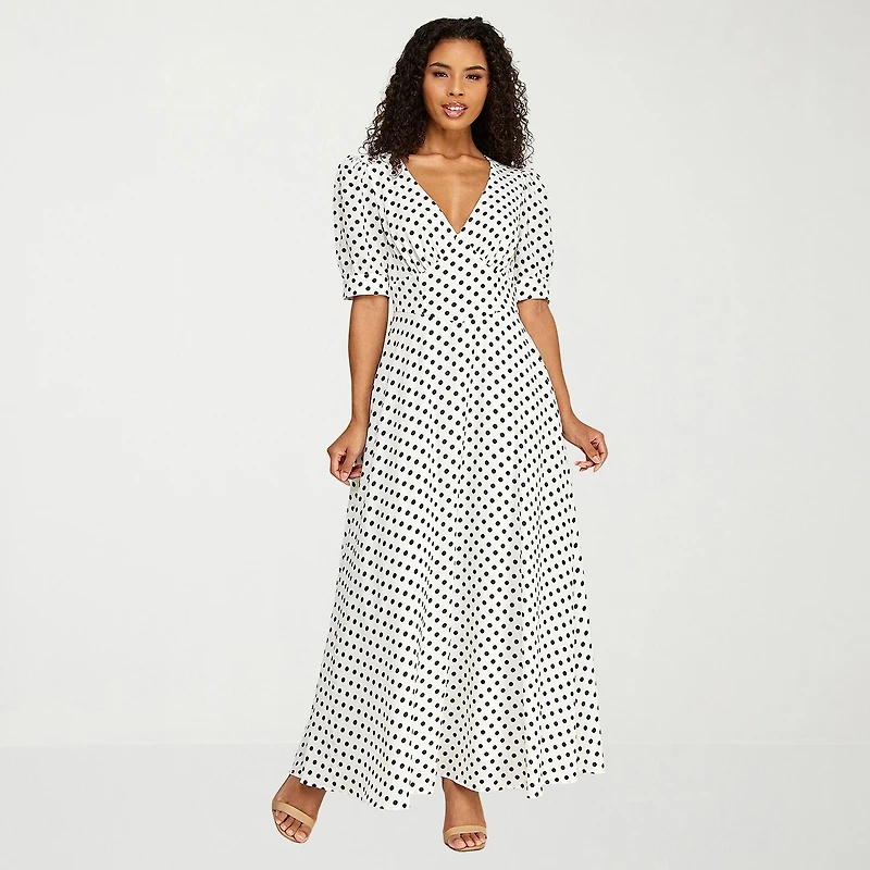 Premier Amour Womens Midi V Neck Short Sleeve Puffed Polka Dot Fit + Flare Dress