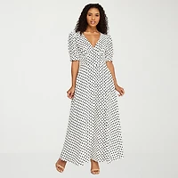 Premier Amour Womens Midi V Neck Short Sleeve Puffed Polka Dot Fit + Flare Dress