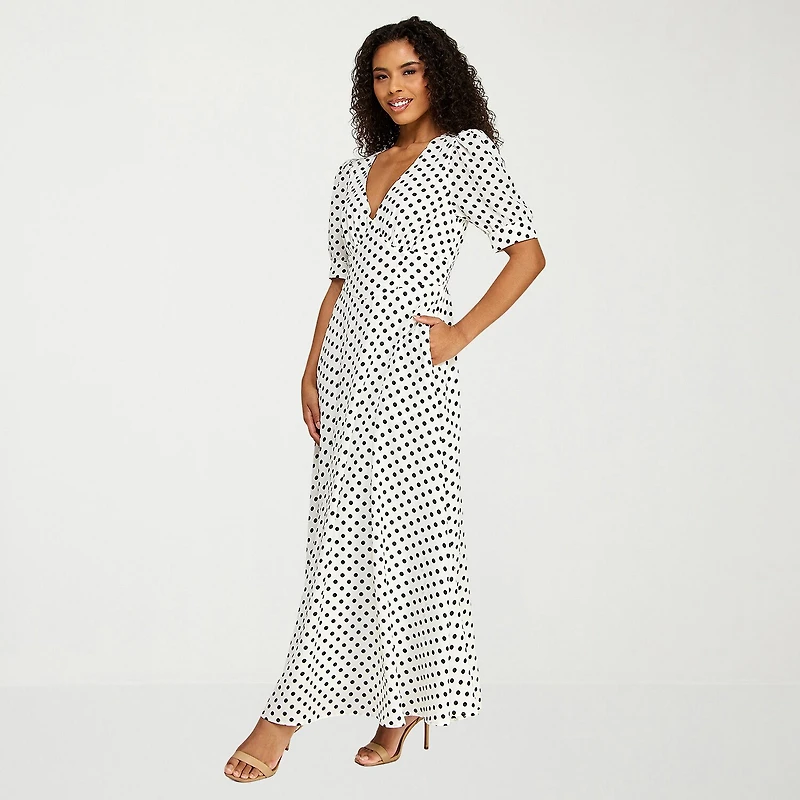 Premier Amour Womens Midi V Neck Short Sleeve Puffed Polka Dot Fit + Flare Dress