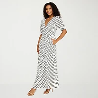 Premier Amour Womens Midi V Neck Short Sleeve Puffed Polka Dot Fit + Flare Dress