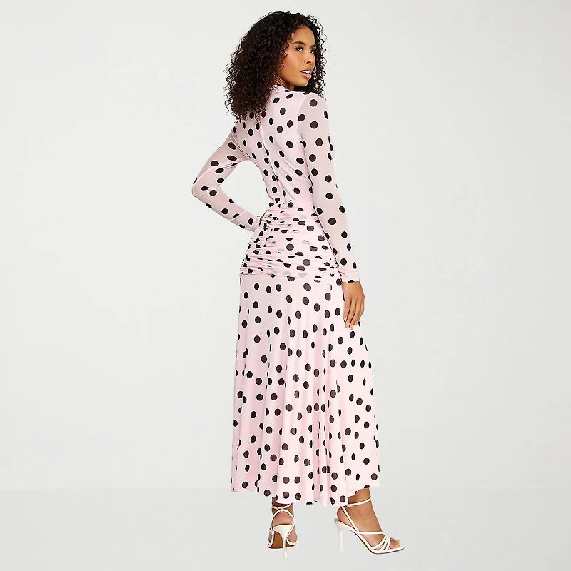 Premier Amour Womens Midi Round Neck Long Sleeve Fitted Polka Dot Fit + Flare Dress