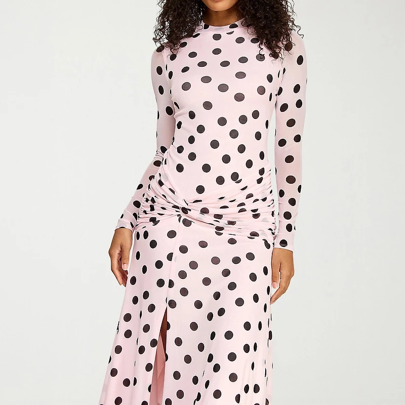 Premier Amour Womens Midi Round Neck Long Sleeve Fitted Polka Dot Fit + Flare Dress