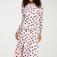 Premier Amour Womens Midi Round Neck Long Sleeve Fitted Polka Dot Fit + Flare Dress