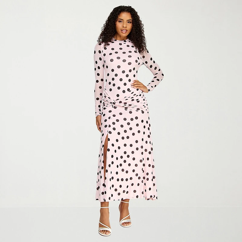Premier Amour Womens Midi Round Neck Long Sleeve Fitted Polka Dot Fit + Flare Dress
