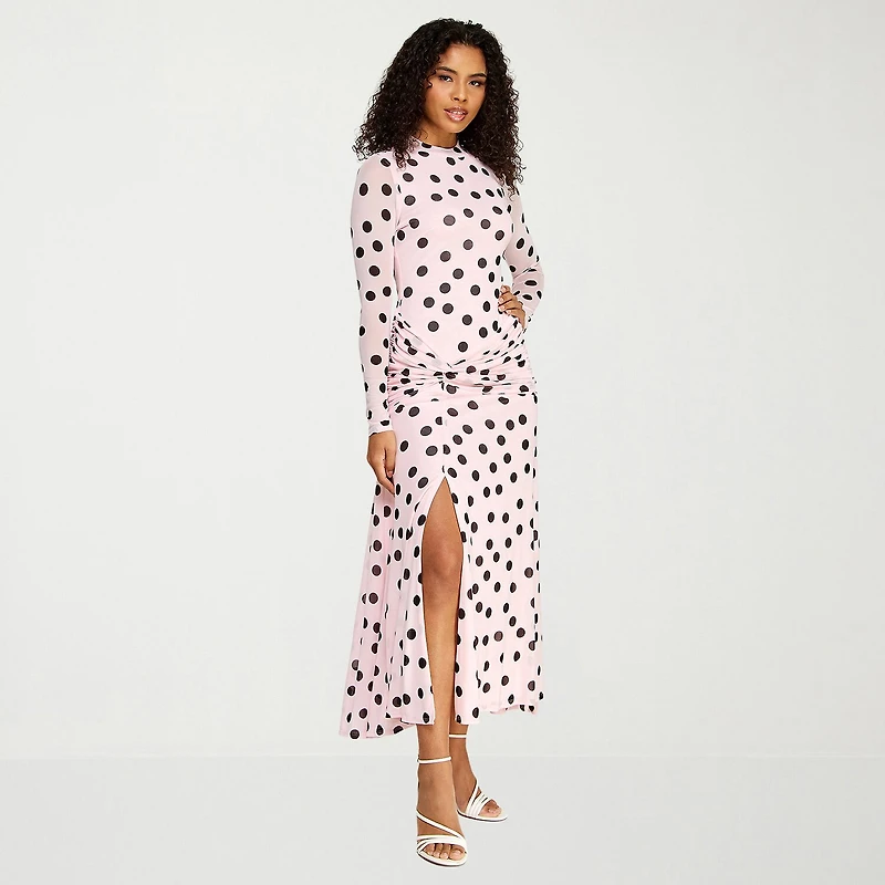 Premier Amour Womens Midi Round Neck Long Sleeve Fitted Polka Dot Fit + Flare Dress
