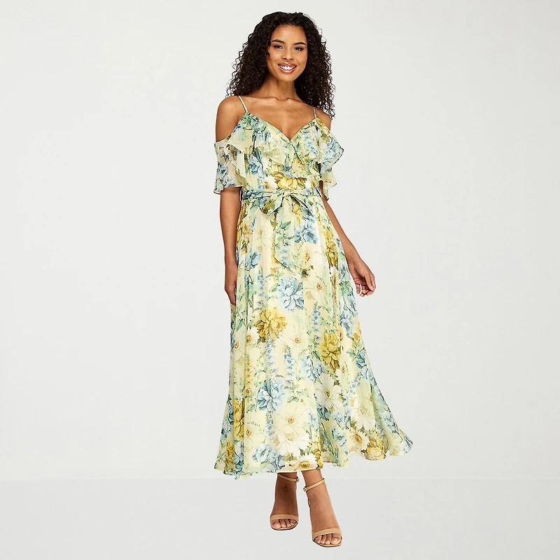 Premier Amour Womens Short Sleeve Cold-Shoulder Floral Midi Fit + Flare Dress