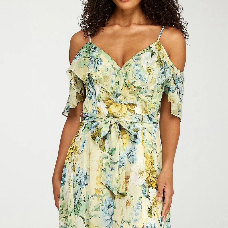 Premier Amour Womens Short Sleeve Cold-Shoulder Floral Midi Fit + Flare Dress