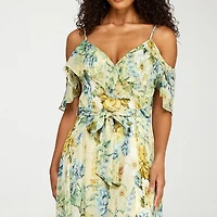 Premier Amour Womens Short Sleeve Cold-Shoulder Floral Midi Fit + Flare Dress