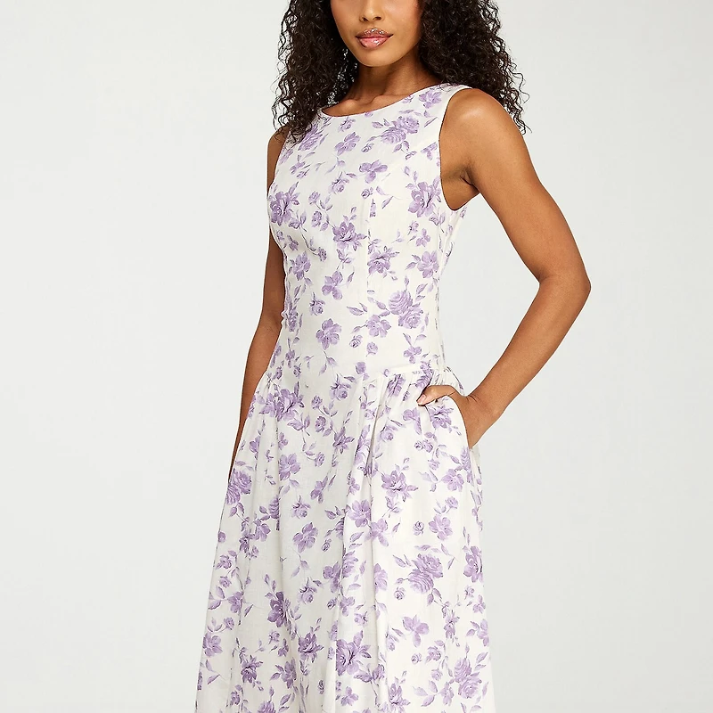 Premier Amour Womens Midi Boat Neck Sleeveless Floral Fit + Flare Dress