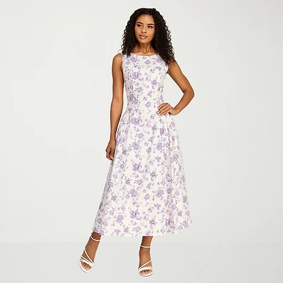 Premier Amour Womens Midi Boat Neck Sleeveless Floral Fit + Flare Dress