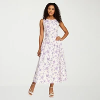 Premier Amour Womens Midi Boat Neck Sleeveless Floral Fit + Flare Dress