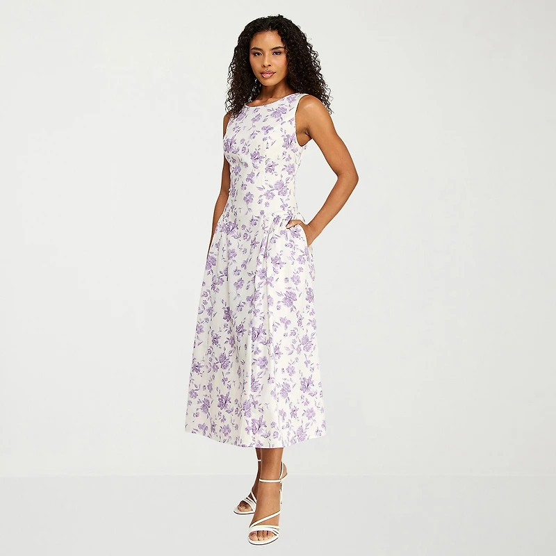 Premier Amour Womens Midi Boat Neck Sleeveless Floral Fit + Flare Dress