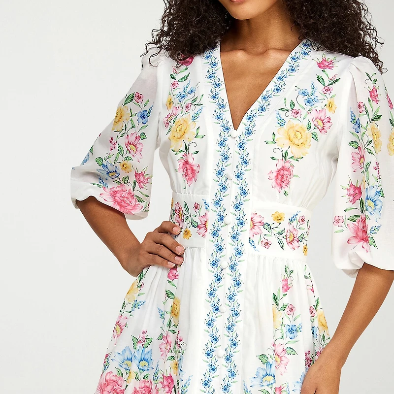 Premier Amour Womens V Neck 3/4 Sleeve Puffed Floral Fit + Flare Dress