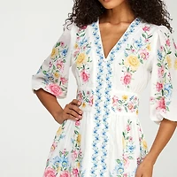 Premier Amour Womens V Neck 3/4 Sleeve Puffed Floral Fit + Flare Dress