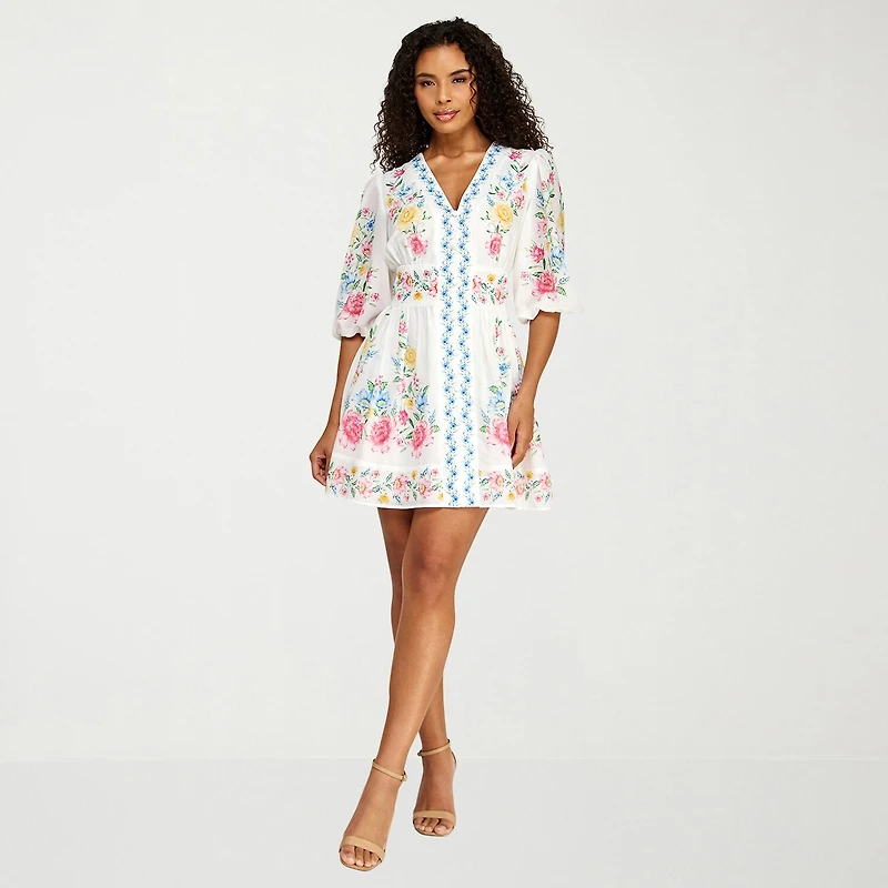 Premier Amour Womens V Neck 3/4 Sleeve Puffed Floral Fit + Flare Dress