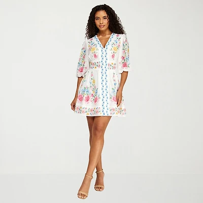 Premier Amour Womens V Neck 3/4 Sleeve Puffed Floral Fit + Flare Dress