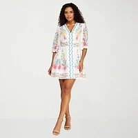 Premier Amour Womens V Neck 3/4 Sleeve Puffed Floral Fit + Flare Dress
