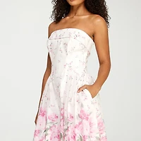 Premier Amour Womens Strapless  Floral Midi Fit + Flare Dress
