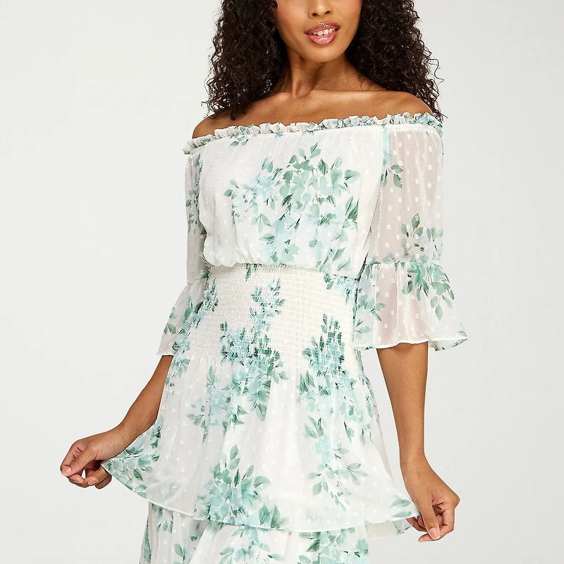 Premier Amour Womens Off The Shoulder Short Sleeve Floral Midi Fit + Flare Dress