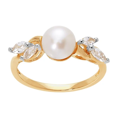 Certified Sofia Cultured Freshwater Pearl and Lab Created White Sapphire 10K Gold Cocktail Ring