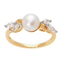 Certified Sofia Cultured Freshwater Pearl and Lab Created White Sapphire 10K Gold Cocktail Ring