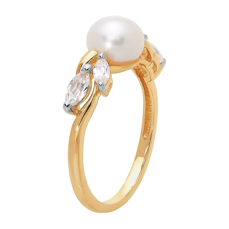 Certified Sofia Cultured Freshwater Pearl and Lab Created White Sapphire 10K Gold Cocktail Ring