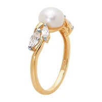 Certified Sofia Cultured Freshwater Pearl and Lab Created White Sapphire 10K Gold Cocktail Ring