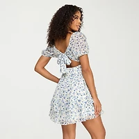 City Triangle Womens Juniors Square Neck Short Sleeve Puffed Floral Fit + Flare Dress