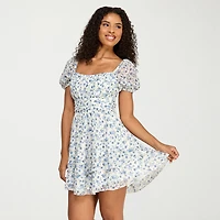 City Triangle Womens Juniors Square Neck Short Sleeve Puffed Floral Fit + Flare Dress