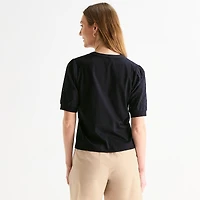 Liz Claiborne Womens Split Crew Neck Elbow Sleeve Blouse