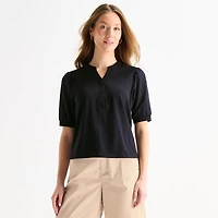 Liz Claiborne Womens Split Crew Neck Elbow Sleeve Blouse