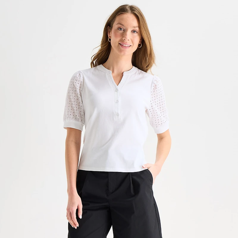 Liz Claiborne Womens Split Crew Neck Elbow Sleeve Blouse