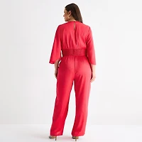 Bold Elements Womens V Neck Elbow Sleeve Satin Plus Jumpsuit