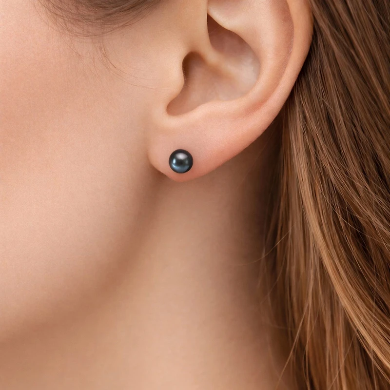 Limited Quantities! Dyed Black Cultured Freshwater Pearl 10K Gold 6.1mm Round Stud Earrings