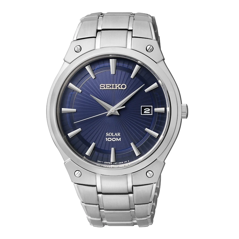 Seiko® Mens Blue Dial Stainless Steel Solar Watch SKA323