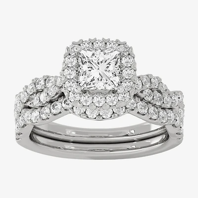 H-I / Si1-Si2) Womens / CT. T.W. Lab Grown White Diamond 10K Gold Cushion Side Stone Halo Bridal Set