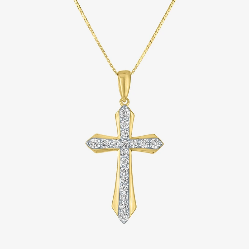 (G-H Womens 1/3 CT. T.W. Lab Grown White Diamond 10K Gold Cross 16 Inch Pendant Necklace